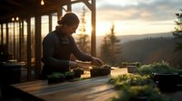 Male chef preparing fresh ingredients at outdoor restaurant kitchen during golden sunset, mountain landscape backdrop creates atmospheric dining ambiance.