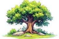 Majestic oak tree with lush green foliage standing on rocky ground, illustrated in vibrant watercolor style for children's book, fantasy game art, or nature-themed design.