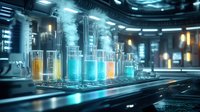 Laboratory glassware with colorful liquids emitting mysterious vapor in futuristic sci-fi setting with glowing lights and metallic surfaces. Modern research facility.