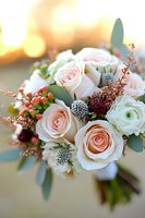 Romantic bridal bouquet with blush pink roses, white ranunculus, burgundy accents, silver brunia balls, eucalyptus leaves and berries against soft bokeh background.