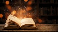 Open book with magical golden sparks and glowing particles floating above pages on wooden surface creating enchanting reading atmosphere for education concepts.