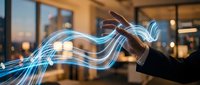 Business professional manipulating glowing blue data streams with hand gestures in modern office environment for digital transformation concepts.