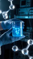 Scientist in blue gloves holding glowing test tube with luminescent blue chemical solution in modern laboratory with molecular structure models.