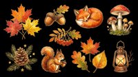 Autumn clipart set with fox, squirrel, mushrooms, acorns, pine cone, lantern, and fall leaves, isolated on transparent background, ready for T-shirts, stickers, and print on demand.