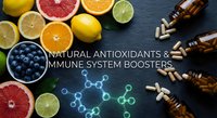 Natural antioxidants and immune system boosters with fresh citrus fruits, blueberries and vitamin supplements on dark background for health concept.