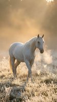 White horse standing in misty field at sunrise with golden light filtering through fog and frost-covered grass, suitable for equestrian, nature, and wellness themes.