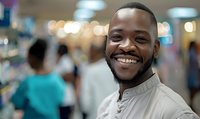 Cheerful African American man with bright genuine smile wearing light colored shirt in blurred public space background, expressing joy and confidence.