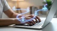 Professional woman typing on laptop with glowing digital icons representing online shopping, delivery, payment and checkout process for e-commerce business.