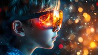 Young Asian woman in futuristic reflective sunglasses with orange and red light effects, profile view against dark background with glowing bokeh lights and magical atmosphere.