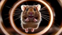 Curious hamster peeping through cardboard tube with paws up and excited expression against dark background, creating playful and engaging pet photography moment.