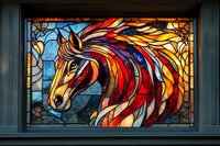 Majestic horse head in stained glass window design featuring vibrant red, yellow and orange flowing mane against blue sky background with decorative border elements.