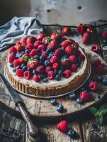 Fresh berry tart with cream filling topped with ripe strawberries, raspberries and blueberries on rustic wooden background with vintage knife and cloth.