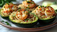 Grilled shrimp served on avocado halves filled with quinoa and fresh herbs, garnished with chopped parsley on brown ceramic plate, close up view.