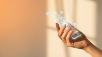 Hand holding clear plastic water bottle with natural sunlight creating warm shadows on beige background for hydration and wellness concepts.
