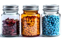 Glass jars filled with colorful pharmaceutical capsules and pills in red, orange, and blue colors against white background, medical supplies concept.