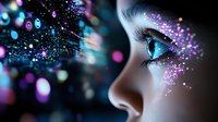 Female profile with magical glowing blue eye and sparkling pink and purple makeup effects against dark background, fantasy beauty concept for cosmetics and artistry.