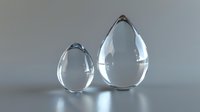 Clear glass teardrop shapes with reflective surfaces standing upright on gray background, creating elegant minimalist composition with subtle light effects and shadows.