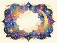 Ornate celestial frame with crescent moon, stars and cosmic swirls in purple and gold tones. Decorative border for mystical designs and spiritual content.