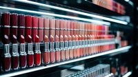 Rows of colorful lipstick tubes displayed on cosmetic store shelves showcasing variety of red, pink and nude shades for makeup and beauty retail.
