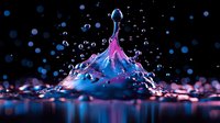 Vibrant pink and blue water drop collision creating crown splash formation with floating droplets against dark background, captured in high-speed macro photography.