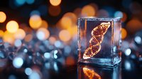 Glowing DNA helix structure frozen in ice cube against blurred bokeh lights background, creating dramatic scientific atmosphere with orange and blue tones.