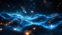 Glowing blue energy waves flow through starry space, creating dynamic motion against dark cosmic background with scattered light particles and orange stars.