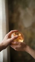 Hands gently holding glowing golden orb of light with warm bokeh background creating magical atmosphere for spiritual wellness meditation concepts.