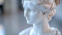 Classical white marble sculpture of elegant woman with upswept hair in neoclassical style. Ancient Greek Roman art inspiration for luxury interior design projects.
