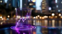 Glowing purple financial chart hologram with circular ripple effect against blurred city nightscape background, futuristic business visualization concept.