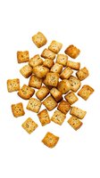 Crispy golden croutons with herbs and seasonings scattered on white background, isolated and ready for food styling, recipes, menus, and culinary design projects.
