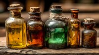 Vintage glass bottles with colorful liquids and cork stoppers arranged on wooden surface for apothecary, alchemy, potion brewing, and magical fantasy themes.