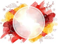 Watercolor Chinese New Year frame with red and gold splashes, traditional lanterns, clouds and floral elements for festive greeting cards and decorations.