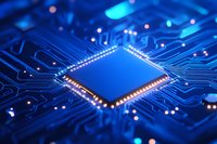 Glowing blue microprocessor on circuit board with electronic pathways and connections illuminated by neon lights, macro photography showing technology detail.