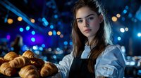 Young female baker in white uniform presenting fresh croissants in professional kitchen with colorful bokeh lights creating warm atmospheric background.