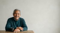 Senior man with gray hair and beard, wearing dark teal sweater, smiling at camera while leaning on wooden table against white wall background for portrait and lifestyle use.