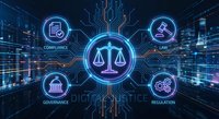 Digital justice concept with glowing scales symbol connected to compliance, law, governance and regulation icons on futuristic circuit board background.