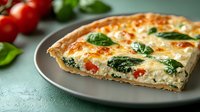 Homemade spinach and cheese quiche slice on plate with fresh tomatoes and basil leaves for breakfast brunch menu cooking recipe food photography.