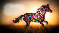 Colorful stained glass horse silhouette galloping against warm sunset background. Vibrant mosaic pattern with geometric shapes in rainbow colors for artistic designs.
