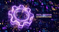 Glowing purple gear with digital particles and sparks representing automation technology and industrial innovation for business presentations.