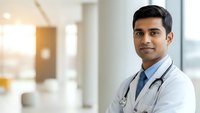 Young South Asian male doctor with stethoscope smiling confidently in modern hospital corridor wearing white medical coat for healthcare marketing.