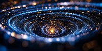 Spiral galaxy formation with glowing center and swirling cosmic dust in deep space, illuminated by bright stars against dark background. Artistic space visualization.