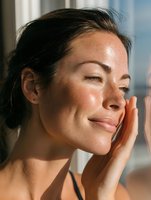 Young Asian woman with glowing skin touching face gently, eyes closed with serene expression in natural window light, showcasing skincare and wellness concept.