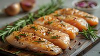 Raw chicken breast fillets seasoned with rosemary sprigs, black pepper and sea salt on wooden cutting board, close up view of fresh meat preparation.