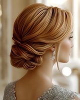 Elegant low updo hairstyle with loose strands on young Caucasian woman wearing silver earrings and lace dress, side view profile showing wedding or prom styling.