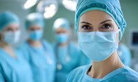 Female surgeon in protective mask and cap with confident gaze, medical team in background. Operating room setting with surgical lights creating professional atmosphere.
