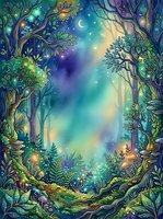 Enchanted forest pathway with glowing trees, luminescent foliage, and magical light rays creating a mystical nighttime woodland scene for fantasy and children's book illustrations.