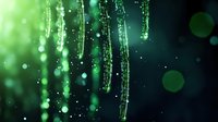 Glowing green particles and light streaks falling against dark background create magical atmospheric effect with bokeh and sparkles for fantasy designs.