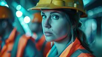 Young Caucasian female construction worker in yellow hard hat and orange safety vest against blurred industrial background with dramatic teal lighting.