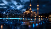 Glowing digital network visualization over night cityscape with illuminated mosque and water reflections creates futuristic technology concept.