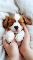Sleeping Cavalier King Charles Spaniel puppy with brown and white fur held gently in woman's hands on white bedding, expressing peaceful contentment.